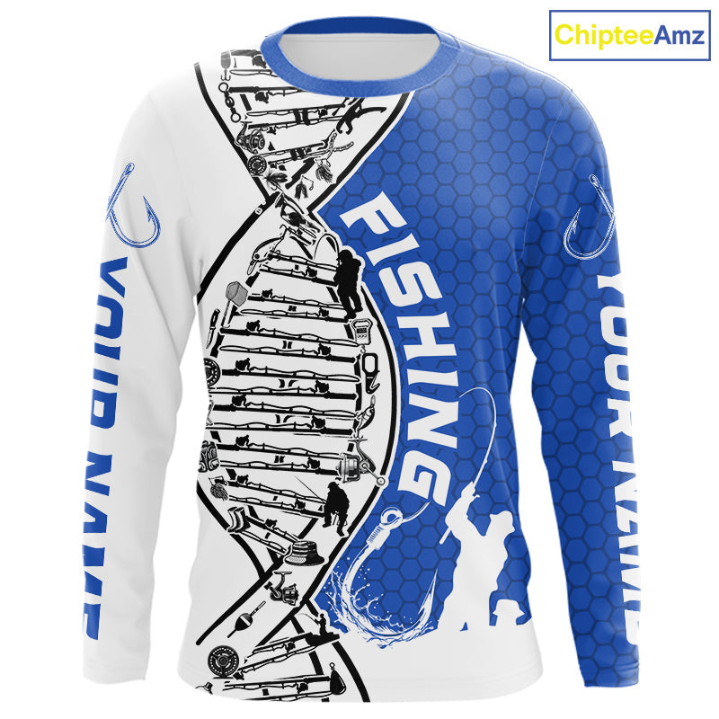 Custom Blue And White Fishing Tools Fishing DNA Long Sleeve Tournament Fishing Shirts IPHW9177