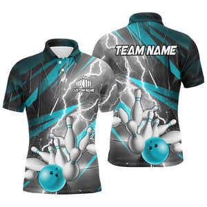 Blue Lightning Strike Custom Bowling Polo Shirts For Men, Team Bowling Shirts Bowler Outfit IPHW6853