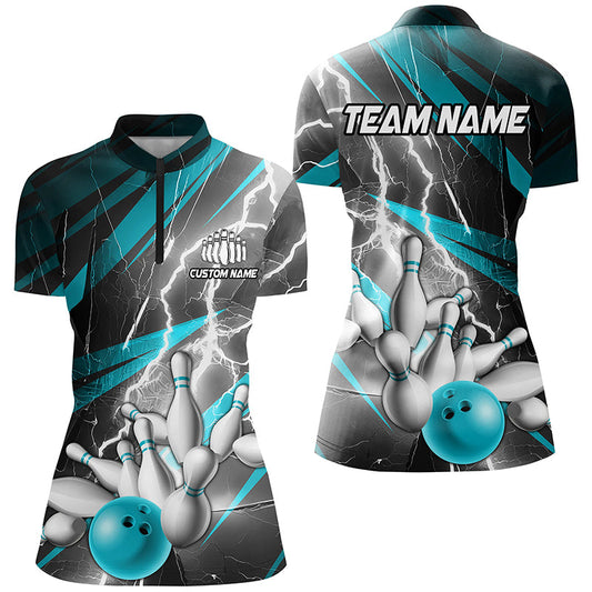 Blue Lightning Strike Custom Bowling Quarter Zip Shirts For Women,Ladies Bowling Shirts IPHW6853