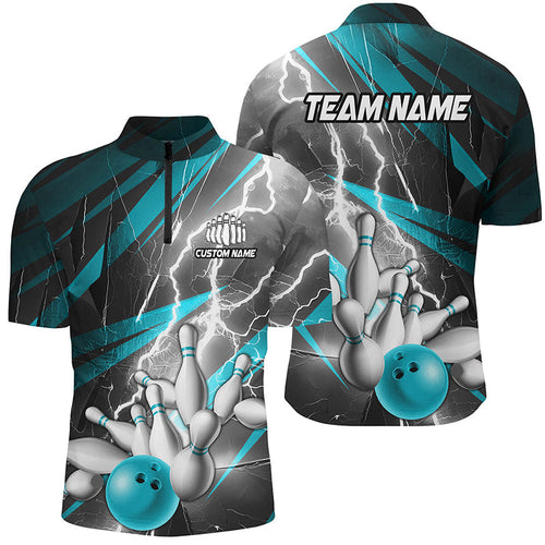 Blue Lightning Strike Custom Bowling Quarter Zip Shirts For Men, Team Bowling Shirts Bowler Outfit IPHW6853