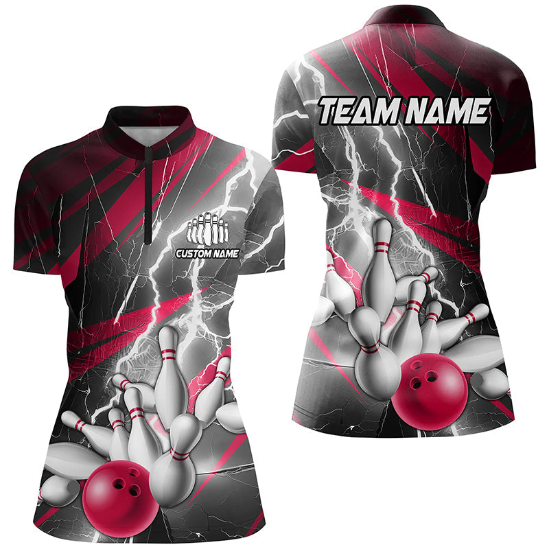 Pink Lightning Strike Custom Bowling Quarter Zip Shirts For Women,Ladies Bowling Shirts IPHW6854