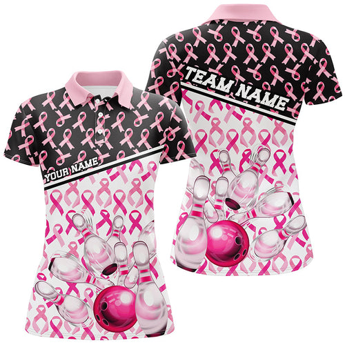 Black And Pink Breast Cancer Awareness Ribbons Custom Bowling Shirts For Women IPHW7007