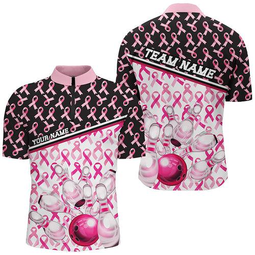 Black And Pink Breast Cancer Awareness Ribbons Custom Bowling Shirts For Men And Women IPHW7007