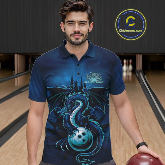 Custom Black And Blue Dragon Bowling Polo Shirts For Men, Dragon League Team Shirt IPHW9532