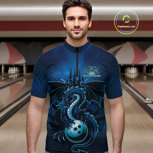Custom Black And Blue Dragon Bowling Quarter-Zip Shirts For Men, Dragon League Team Shirt IPHW9532