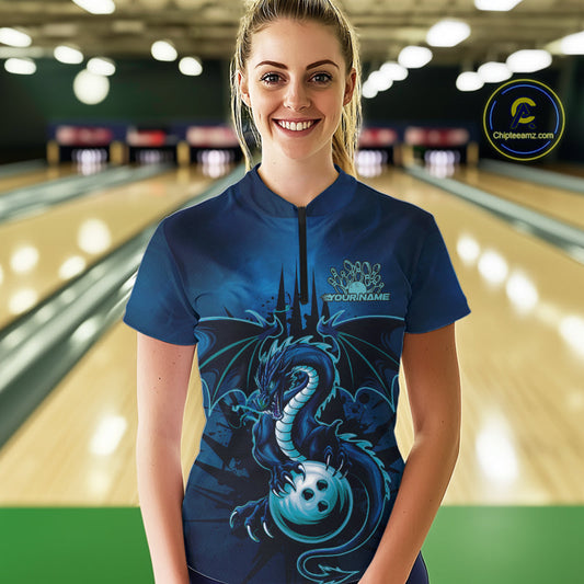 Custom Black And Blue Dragon Bowling Women Quarter-Zip Shirt, Dragon League Team Shirt IPHW9532