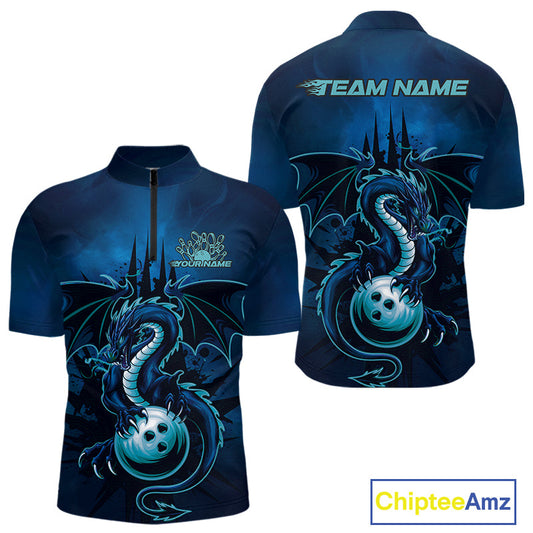 Custom Black And Blue Dragon Bowling Quarter-Zip Shirts For Men, Dragon League Team Shirt IPHW9532