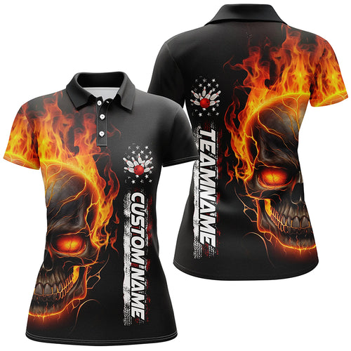 Flame Skull American Flag Custom Team Bowling Shirts For Women, Patriotic Bowling Shirt IPHW5144