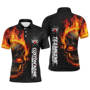 Flame Skull American Flag Custom Team Bowling Shirts For Men, Patriotic Bowling Shirt IPHW5144