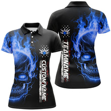 Load image into Gallery viewer, Flame Skull American Flag Custom Team Bowling Shirts For Women, Patriotic Bowling Shirt IPHW5145