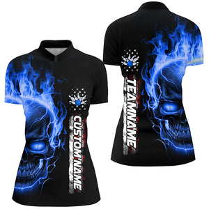 Flame Skull American Flag Custom Team Bowling Shirts For Women, Patriotic Bowling Shirt IPHW5145