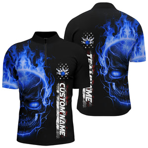 Flame Skull American Flag Custom Team Bowling Shirts For Men, Patriotic Bowling Shirt IPHW5145