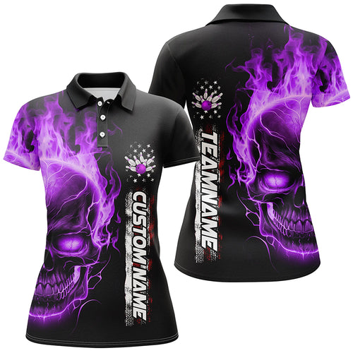 Flame Skull American Flag Custom Team Bowling Shirts For Women, Patriotic Bowling Shirt IPHW5147