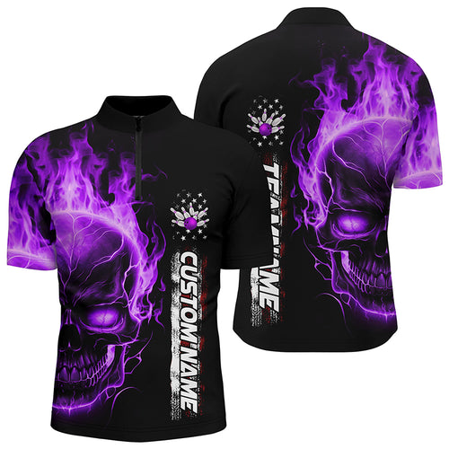 Flame Skull American Flag Custom Team Bowling Shirts For Men, Patriotic Bowling Shirt IPHW5147