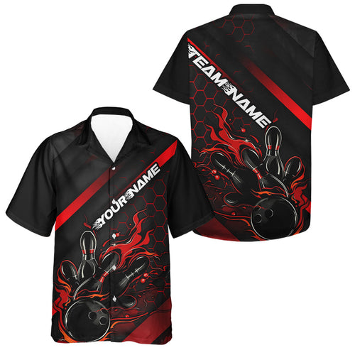 Custom Black And Red Flame Bowling Men Hawaiian Shirts, Bowling Team Bowling League Shirts IPHW7210