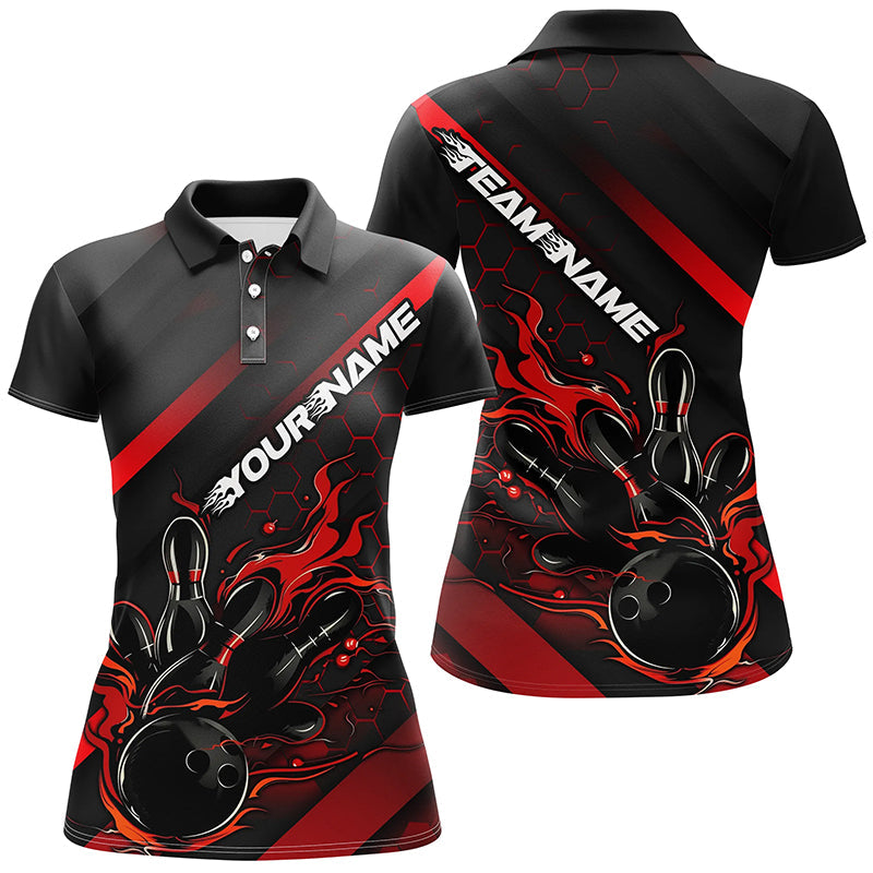 Custom Black And Red Flame Bowling Shirts For Women, Bowling Team Bowling League Shirts IPHW7210