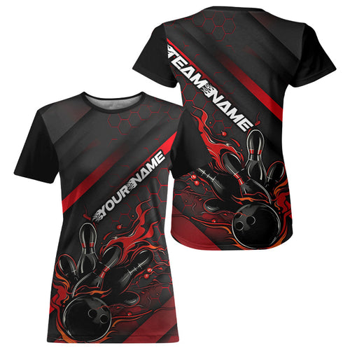 Custom Black And Red Flame Bowling Women T-Shirts Shirts, Bowling Team Bowling League IPHW7210