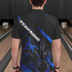 Custom Black And Blue Flame Bowling Shirts For Men, Bowling Team Bowling League Shirts IPHW7212