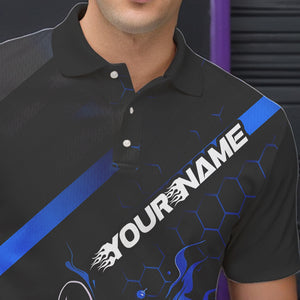 Custom Black And Blue Flame Bowling Shirts For Men, Bowling Team Bowling League Shirts IPHW7212