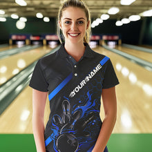 Load image into Gallery viewer, Custom Black And Blue Flame Bowling Shirts For Women, Bowling Team Bowling League Shirts IPHW7212