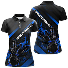 Load image into Gallery viewer, Custom Black And Blue Flame Bowling Shirts For Women, Bowling Team Bowling League Shirts IPHW7212