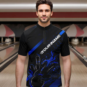 Custom Black And Blue Flame Bowling Shirts For Men, Bowling Team Bowling League Shirts IPHW7212