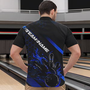 Custom Black And Blue Flame Bowling Shirts For Men, Bowling Team Bowling League Shirts IPHW7212