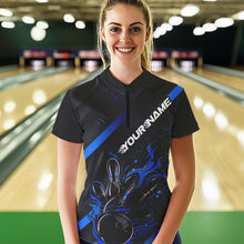 Load image into Gallery viewer, Custom Black And Blue Flame Bowling Shirts For Women, Bowling Team Bowling League Shirts IPHW7212