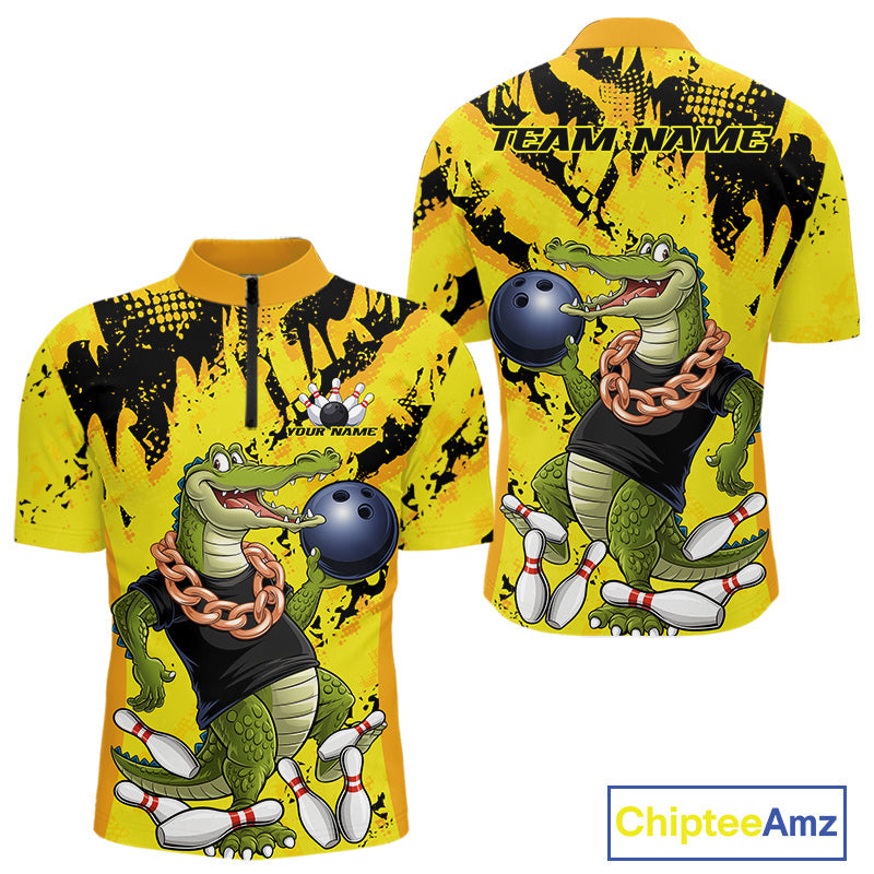 Custom Funny Alligator Bowling Quarter-Zip Shirt For Men, Grunge Yelllow Bowling Team Jerseys IPHW9922