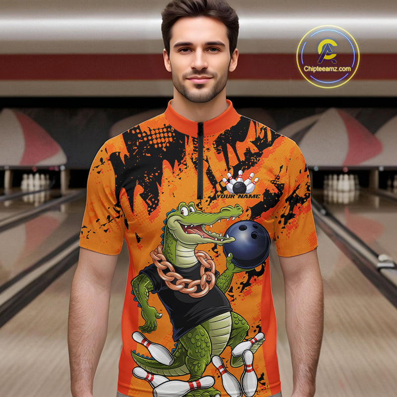 Custom Funny Alligator Bowling Quarter-Zip Shirt For Men, Grunge Orange Bowling Team Jerseys IPHW9923
