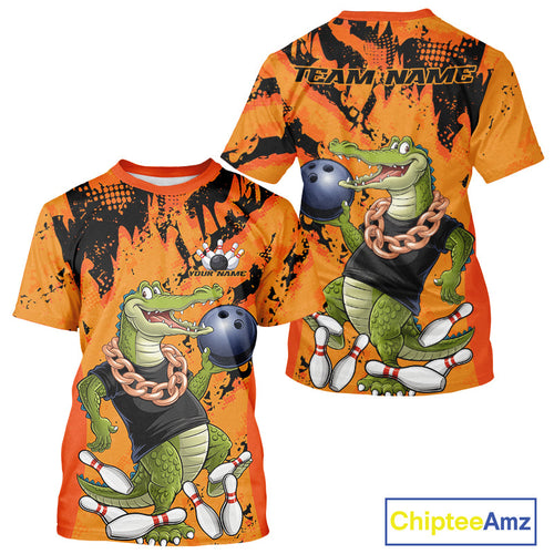 Custom Funny Alligator Bowling T-Shirts For Men, Grunge Orange Bowling Team Jerseys IPHW9923