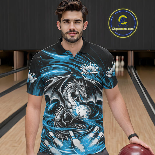 Custom Black And Blue Fire Flame Dragon Bowling Jerseys Bowling Team Men Polo Shirt IPHW10292