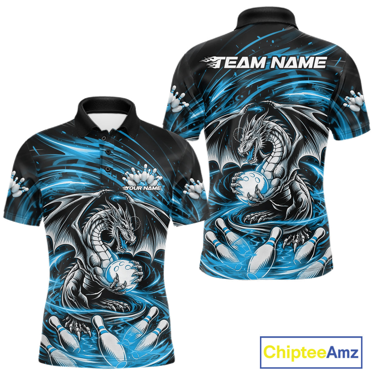 Custom Black And Blue Fire Flame Dragon Bowling Jerseys Bowling Team Men Polo Shirt IPHW10292