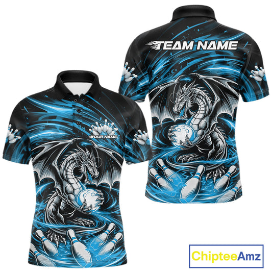 Custom Black And Blue Fire Flame Dragon Bowling Jerseys Bowling Team Men Polo Shirt IPHW10292