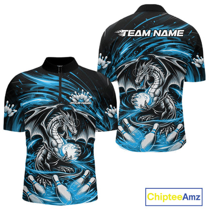 Custom Black And Blue Fire Flame Dragon Bowling Jerseys Bowling Team Men Quarter-Zip Shirt IPHW10292