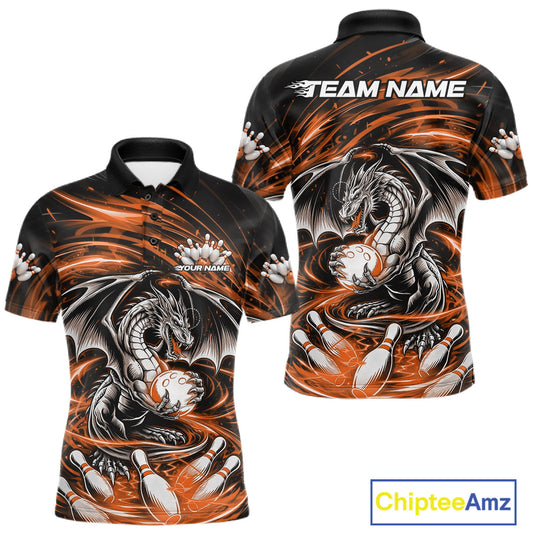 Custom Black And Orange Fire Flame Dragon Bowling Jerseys Bowling Team Men Polo Shirt IPHW10293
