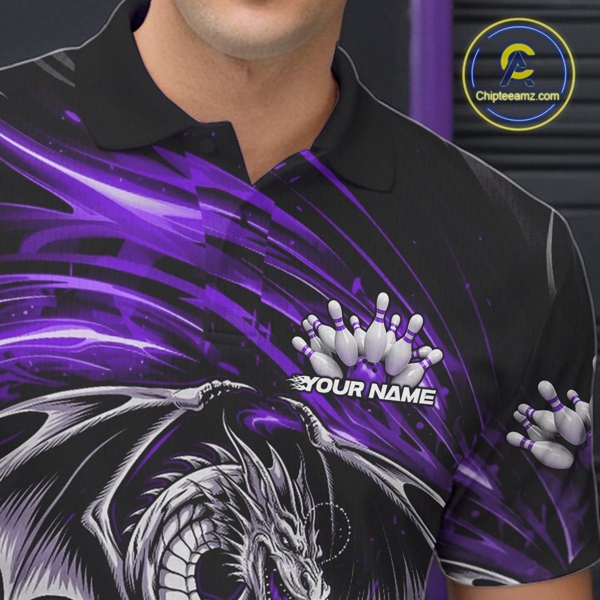 Custom Black And Purple Fire Flame Dragon Bowling Jerseys Bowling Team Men Polo Shirt IPHW10295