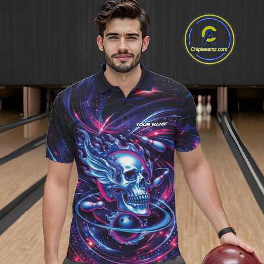 Custom Galaxy Flame Skull Bowling Team Men Polo Shirt, Bowling Tournament Outfit IPHW10296