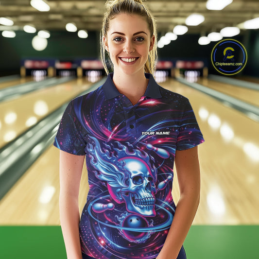 Custom Galaxy Flame Skull Bowling Team Women Polo Shirt, Bowling Tournament Outfit IPHW10296