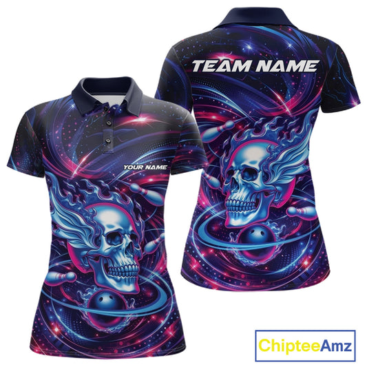 Custom Galaxy Flame Skull Bowling Team Women Polo Shirt, Bowling Tournament Outfit IPHW10296