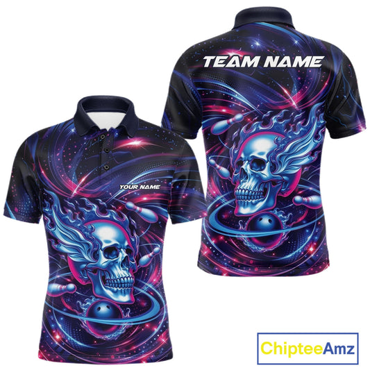 Custom Galaxy Flame Skull Bowling Team Men Polo Shirt, Bowling Tournament Outfit IPHW10296