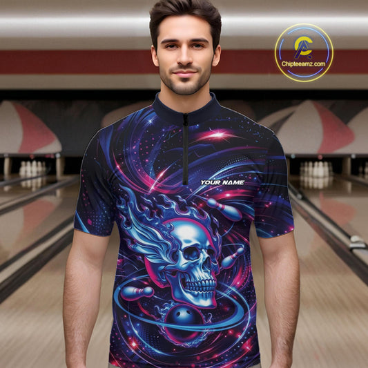 Custom Galaxy Flame Skull Bowling Team Men Quarter-Zip Shirt, Bowling Tournament Outfit IPHW10296