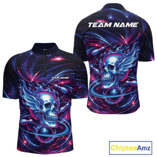 Custom Galaxy Flame Skull Bowling Team Men Quarter-Zip Shirt, Bowling Tournament Outfit IPHW10296