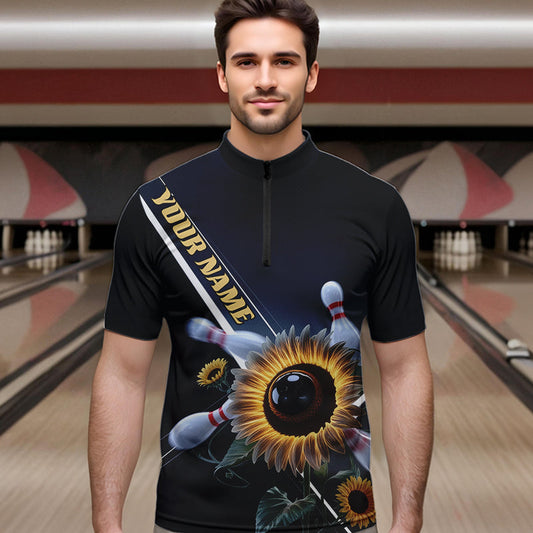 Custom Sunflower Bowling Quarter-Zip Shirts For Men, Sunflower Bowling Team Shirt With Name IPHW8438