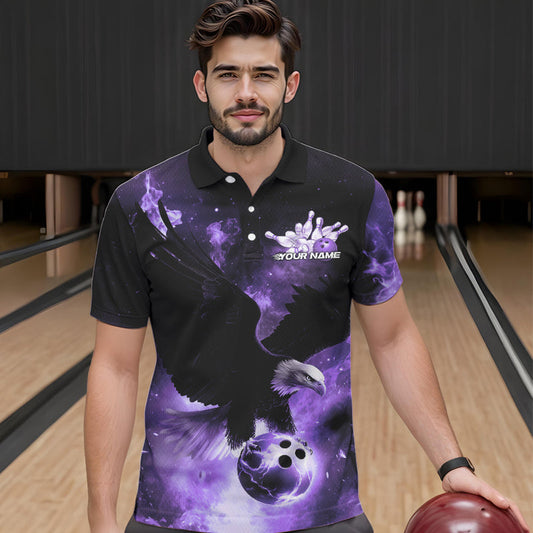 Custom Purple Flame Eagle Bowling Polo Shirts For Men, Ealge Bowling Team Shirt With Name IPHW8448