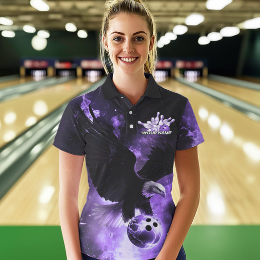 Custom Purple Flame Eagle Bowling Polo Shirts For Women, Ealge Bowling Team Shirt With Name IPHW8448