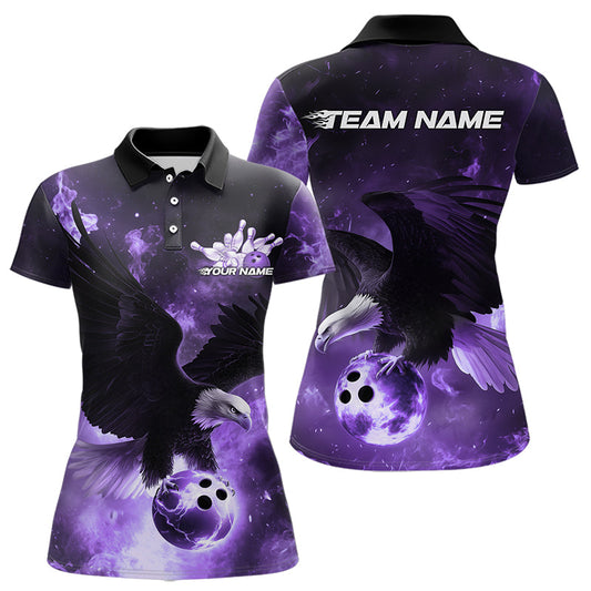 Custom Purple Flame Eagle Bowling Polo Shirts For Women, Ealge Bowling Team Shirt With Name IPHW8448