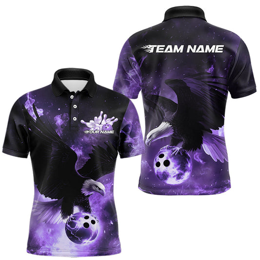 Custom Purple Flame Eagle Bowling Polo Shirts For Men, Ealge Bowling Team Shirt With Name IPHW8448