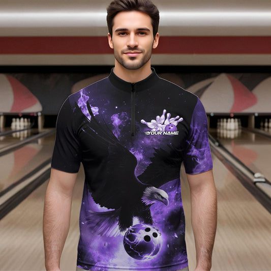 Custom Purple Flame Eagle Bowling Quarter-Zip Shirts For Men, Ealge Bowling Team Shirt With Name IPHW8448