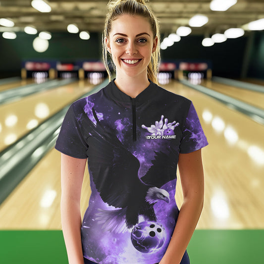 Custom Purple Flame Eagle Womens Bowling Quarter-Zip Shirts, Bowling Team Shirt With Name IPHW8448